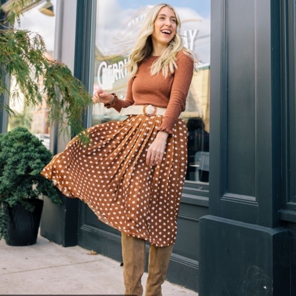 NEW Jillian Harris Brown Blogger’s Fav. Polka Dot Pleated Midi Skirt Plus Sz 2X - Picture 2 of 9